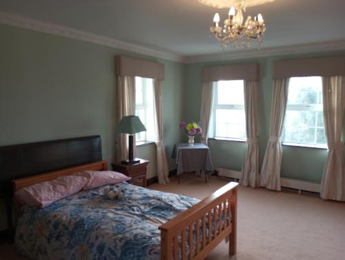 a bedroom with a bed and a chandelier and windows at Hardwood Hall in Kinnegad