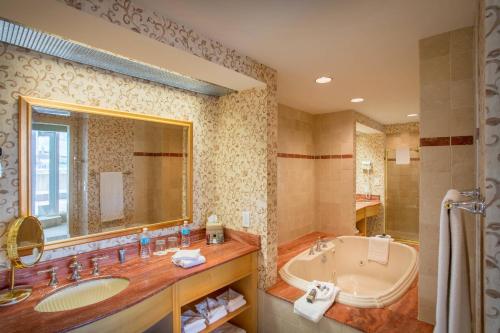 a bathroom with a tub and a large mirror at Cincinnati Marriott at RiverCenter in Covington