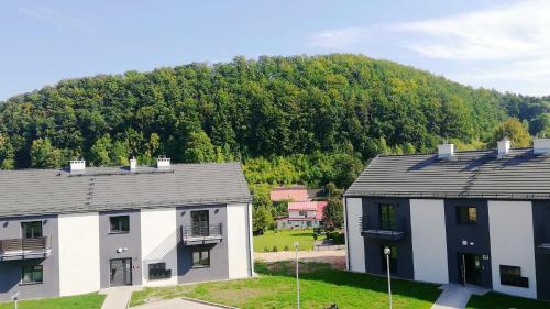 two houses with a mountain in the background at Apartment Roku 2024 - JELEŃ & NATURA in Kudowa-Zdrój