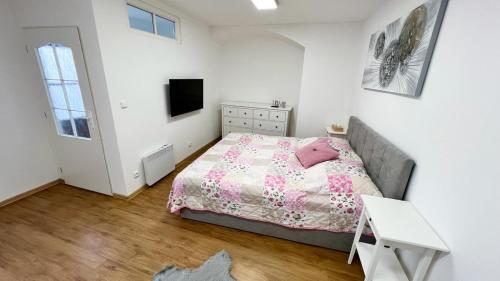 1 dormitorio con 1 cama y TV en U Radnice, byt 6, en Znojmo