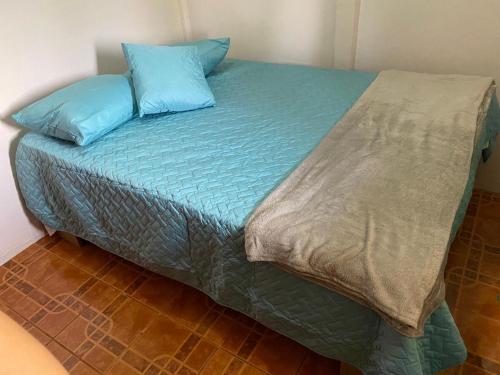a bed with two blue pillows on top of it at Casas La Chirincoca in San Isidro de El General