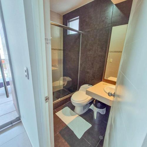 カマナにあるHotel Costa Surのバスルーム(トイレ、洗面台、シャワー付)