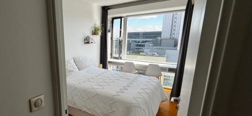 une chambre avec un lit et une grande fenêtre dans l'établissement 2 Private Bedrooms, Montparnasse Station, à Paris