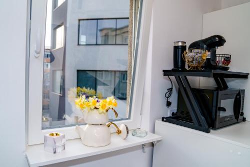 um peitoril de janela com um vaso de flores sobre ele em Studio Lounge em Craiova