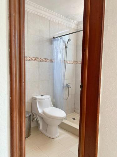 a bathroom with a toilet and a shower at Aparta Hotel Caribe Paraiso in Juan Dolio