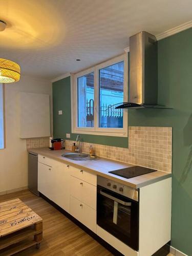 a kitchen with a sink and a stove top oven at Appartement F2 cosy en duplex Hyper Centre Bourgogne in Orléans