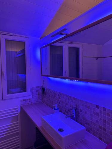 奧爾良的住宿－Appartement F2 cosy en duplex Hyper Centre Bourgogne，浴室设有白色水槽和蓝色的灯光