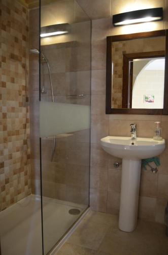 La salle de bains est pourvue d'un lavabo et d'une douche. dans l'établissement Jenkins Holiday Farmhouse, à L-Għarb