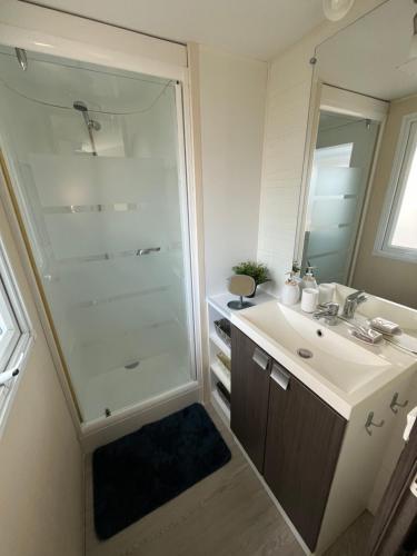 een badkamer met een douche en een wastafel bij mobil home "AMBRE" 6p, CLIM&TV in Vic-la-Gardiole