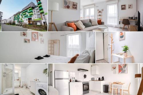 un collage de photos d'un salon et d'une cuisine dans l'établissement Le Colorful Bohème - proche Paris, à Rosny-sous-Bois