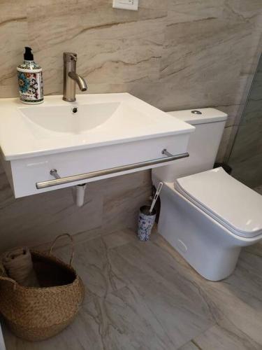 a bathroom with a white sink and a toilet at Chalet The Palm Retreat Buye, Playa Buyé in El Cerro