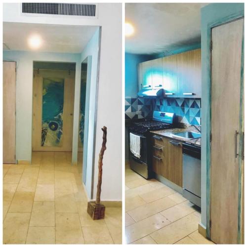two images of a kitchen with a door and a room at Cap Cana Cap Blue in Punta Cana