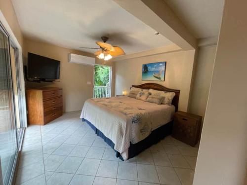 a bedroom with a bed and a flat screen tv at JJ's Getaway in Cruz Bay