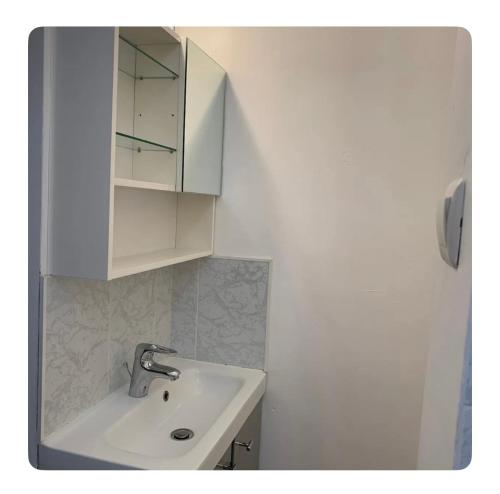 biała łazienka z umywalką i szafką w obiekcie La Rose w Strasburgu