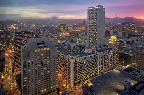 an aerial view of a city at night at Hilton San Francisco Union Square in San Francisco