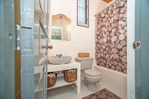 a bathroom with a sink and a toilet and a mirror at Studio Apartment Center of Sosua close to Beach with Pool View in Sosúa