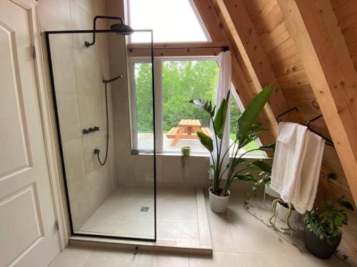 ein Bad mit einer ebenerdigen Dusche und einem Fenster in der Unterkunft Chapella A Frame in LʼAnse-Saint-Jean