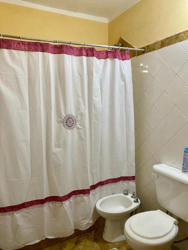 a bathroom with a toilet and a shower curtain at Las Maravillas del Talampaya II in Villa Unión