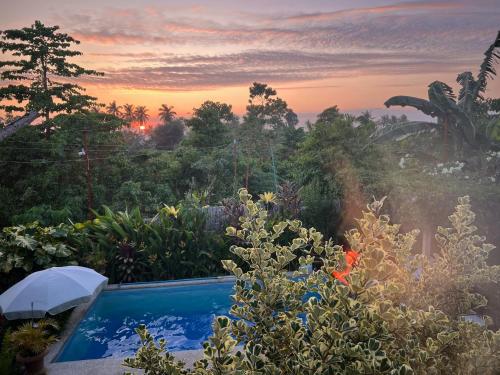 une piscine dans un jardin avec un coucher de soleil en arrière-plan dans l'établissement Casas de Ruumar Bed and Breakfast-Two rooms for family available, à Clarin