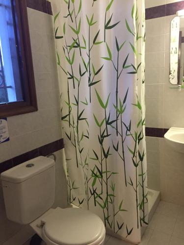 a bathroom with a toilet and a shower curtain at Terpsichore Apartments in Kyparissia