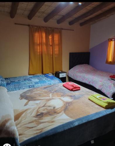 een slaapkamer met 2 bedden en een schilderij op het bed bij Flor de los andes in Fiambala