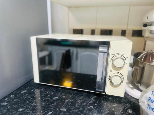a microwave oven sitting on a counter in a kitchen at Brockmer House in London