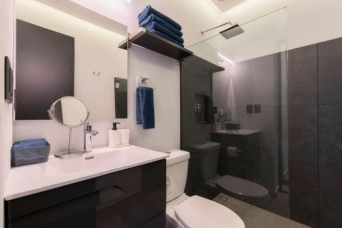 uma casa de banho com um lavatório, um WC e um chuveiro em P101 Zocalo Cathedral 2Bdrm 2bath AC rooftop em Cidade do México