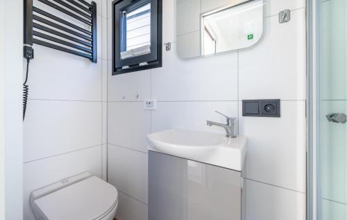 La salle de bains blanche est pourvue d'un lavabo et de toilettes. dans l'établissement Hausboot Tiny, à Sagard