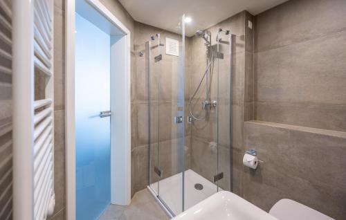 een badkamer met een douche en een glazen deur bij Apartments Waterfront in Sagard