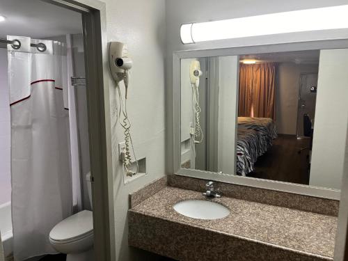 een badkamer met een wastafel, een spiegel en een toilet bij Red Roof Inn Dunn in Dunn