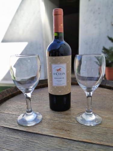 a bottle of wine and two wine glasses on a table at LA BARRICA ESTUDIO, Departamento funcional, comodo, acogedor y completamente equipado en el Centro de Mendoza Capital, con hermosa terraza para disfrutar, No pierdas esta oportunidad! in Mendoza