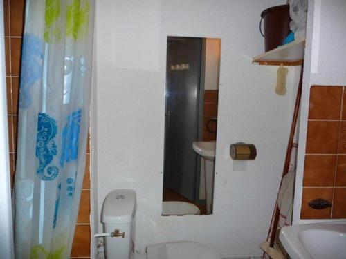 une salle de bain avec toilettes, lavabo et miroir dans l'établissement Studio Cabine avec Terrasse, Accès Direct Plage, Plein Centre Le Barcarès, Équipé pour 4 Pers - FR-1-782-15, au Barcarès