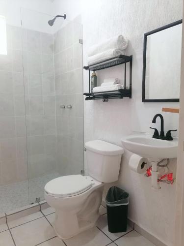 a bathroom with a toilet and a sink and a shower at La casa gris in Tulum