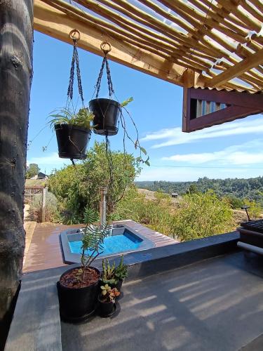 a patio with potted plants and a swimming pool at The Wild Edge First Light Cottage in Knysna