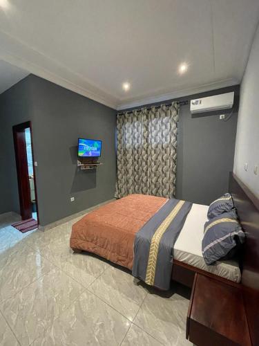 a bedroom with a bed and a tv on a wall at Paradis des anges in Yaoundé