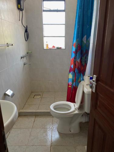 La salle de bains est pourvue de toilettes et d'un rideau de douche. dans l'établissement Sigona Serene Valley, à Nairobi
