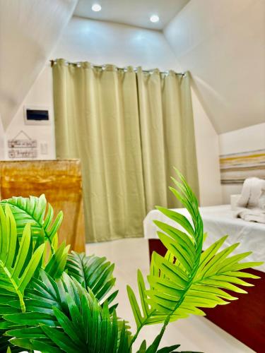 a bedroom with a green curtain and two beds at Villa Lovi Panagsama Beach Moalboal in Moalboal