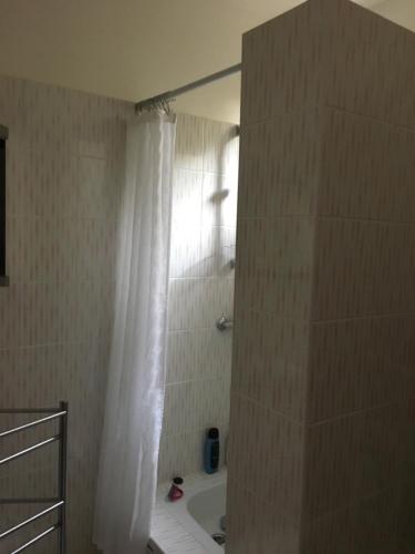 ein Bad mit einer Dusche mit einem weißen Duschvorhang in der Unterkunft Maly bialy domek pod brzozami in Nałęczów