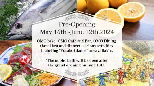 OMO7 Kochi by Hoshino Resorts في كوتشي: منشر للعشاء مع صورة سمك وطعام