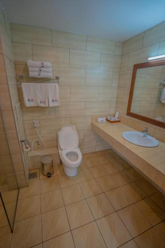 a bathroom with a toilet and a sink at PrideInn Flamingo Beach Resort & Spa Mombasa in Mombasa