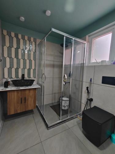 a bathroom with a glass shower and a sink at Meraki Homestay in Shillong