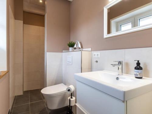 a bathroom with a sink and a toilet and a mirror at Doppelhaushälfte in Karolinenkoog in Karolinenkoog