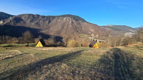 a grassy field with a mountain in the background at Etno Villas Tara&Petra in Žabljak