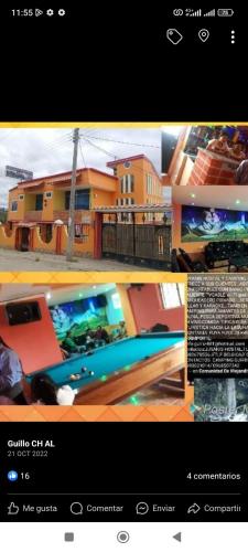 two pictures of a house and a picture of a pool at Juyanis Hostal in Otavalo
