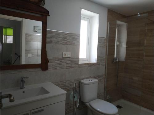 a bathroom with a toilet and a sink and a mirror at Casa Rural Maestros in Albanchez de Úbeda
