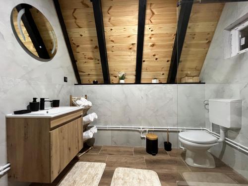 uma casa de banho com um lavatório, um WC e tectos em madeira em Durmitorska zora em Žabljak