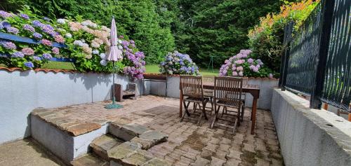 a patio with two chairs and a table and flowers at L'ECRIN DU LAC - L'Ortencia in Mazamet