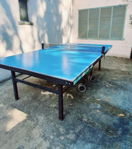 - une table de ping-pong bleue devant un bâtiment dans l'établissement L'ECRIN DU LAC - L'Ortencia, à Mazamet