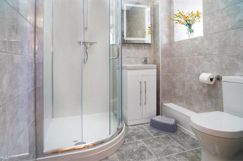 ein Bad mit einer Dusche, einem WC und einem Waschbecken in der Unterkunft Towy Cottage Cenarth in Cenarth
