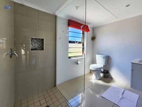 a bathroom with a shower and a toilet at Gonubie Guest Cottages in East London